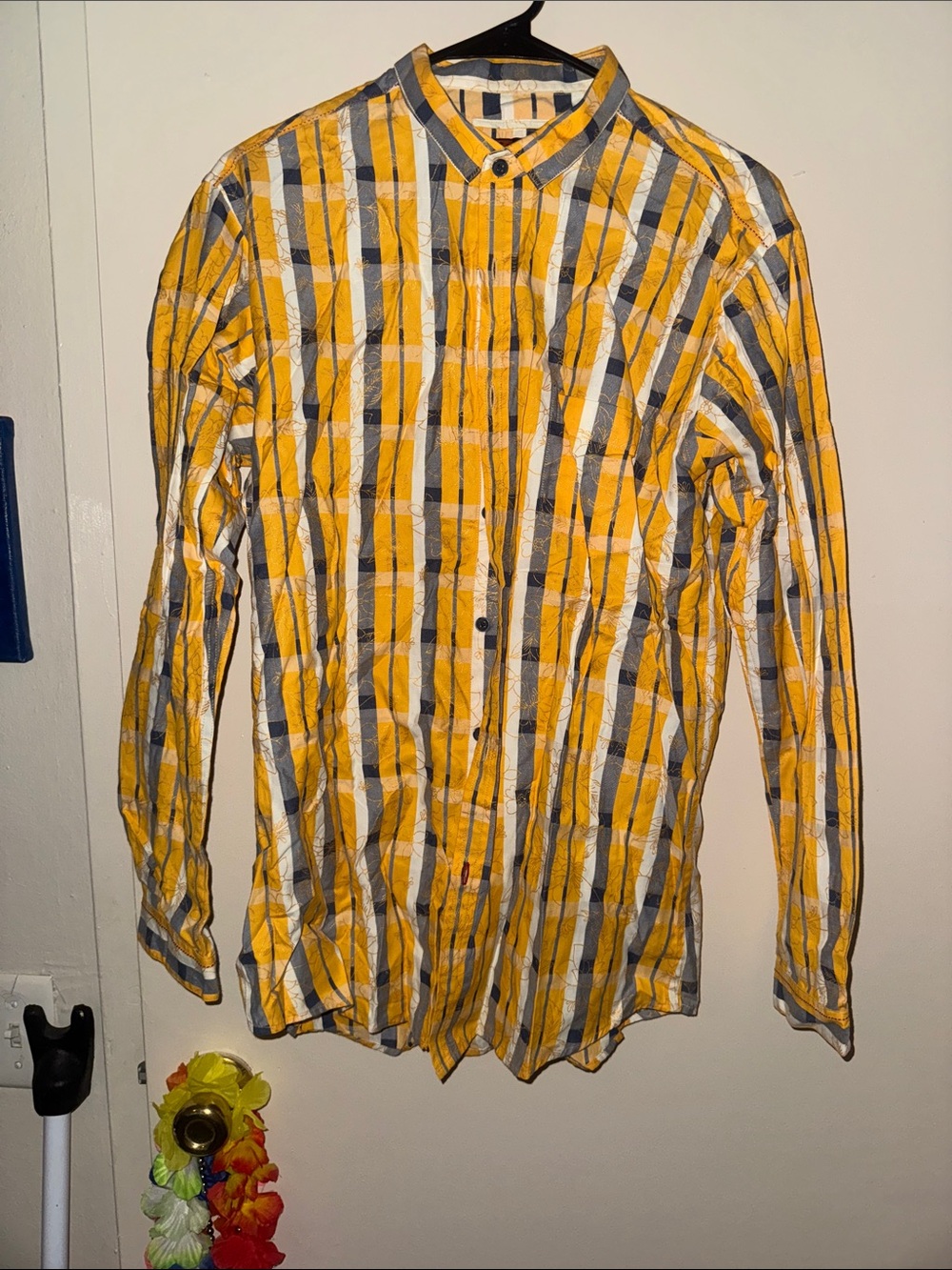 Yellow Gray White Plaid Button-Up Shirt